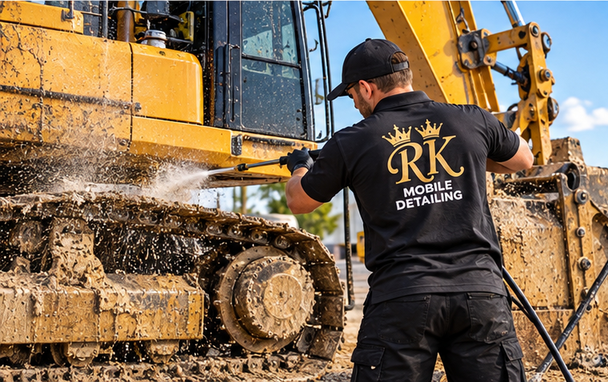 Heavy equipment being pressure washed on site