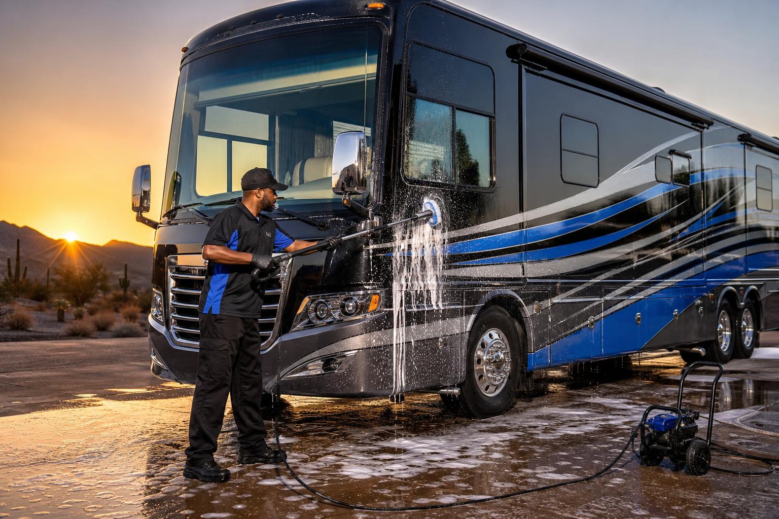 Freshly detailed RV motorhome parked at a campsite