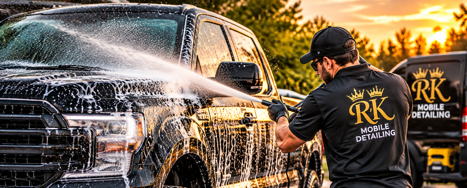 Professional mobile detailing technician foaming and cleaning vehicle in Casper, Wyoming